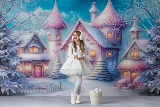 Colorful Snowy Village - Pastel Pink Home - with Sweep Option