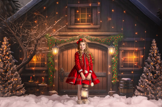 Merry Christmas Barn - Brown Door With Lights - with Sweep Option