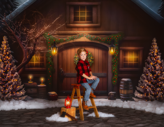 Merry Christmas Barn - Brown Door No Lights - with Sweep Option