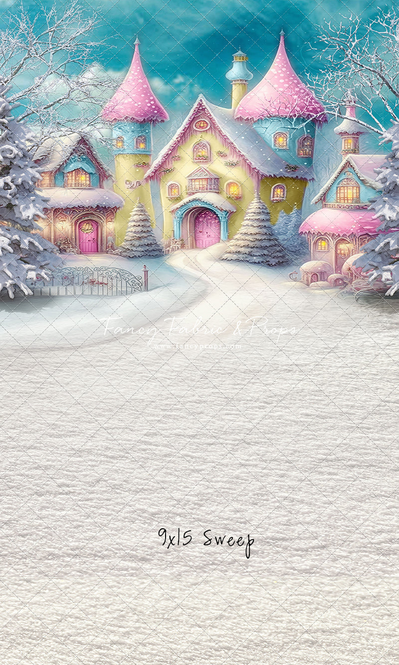 Colorful Snowy Village - Yellow with Pink Roof - with Sweep Option