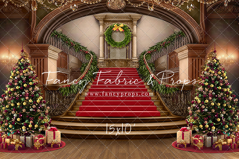 Grand Holiday Staircase - Red Stairs & Wood Floor - with Sweep Option