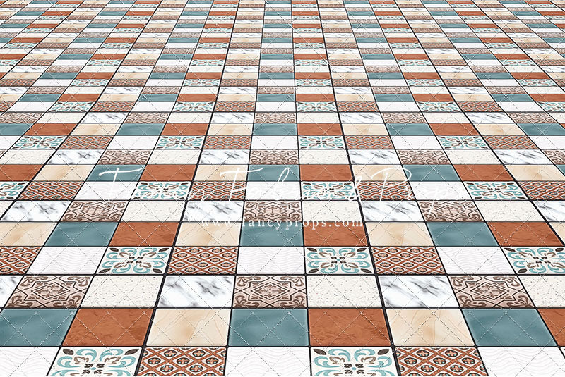 Tropical Kitchen Blue/Pink - Tile Floor - Mat Floor