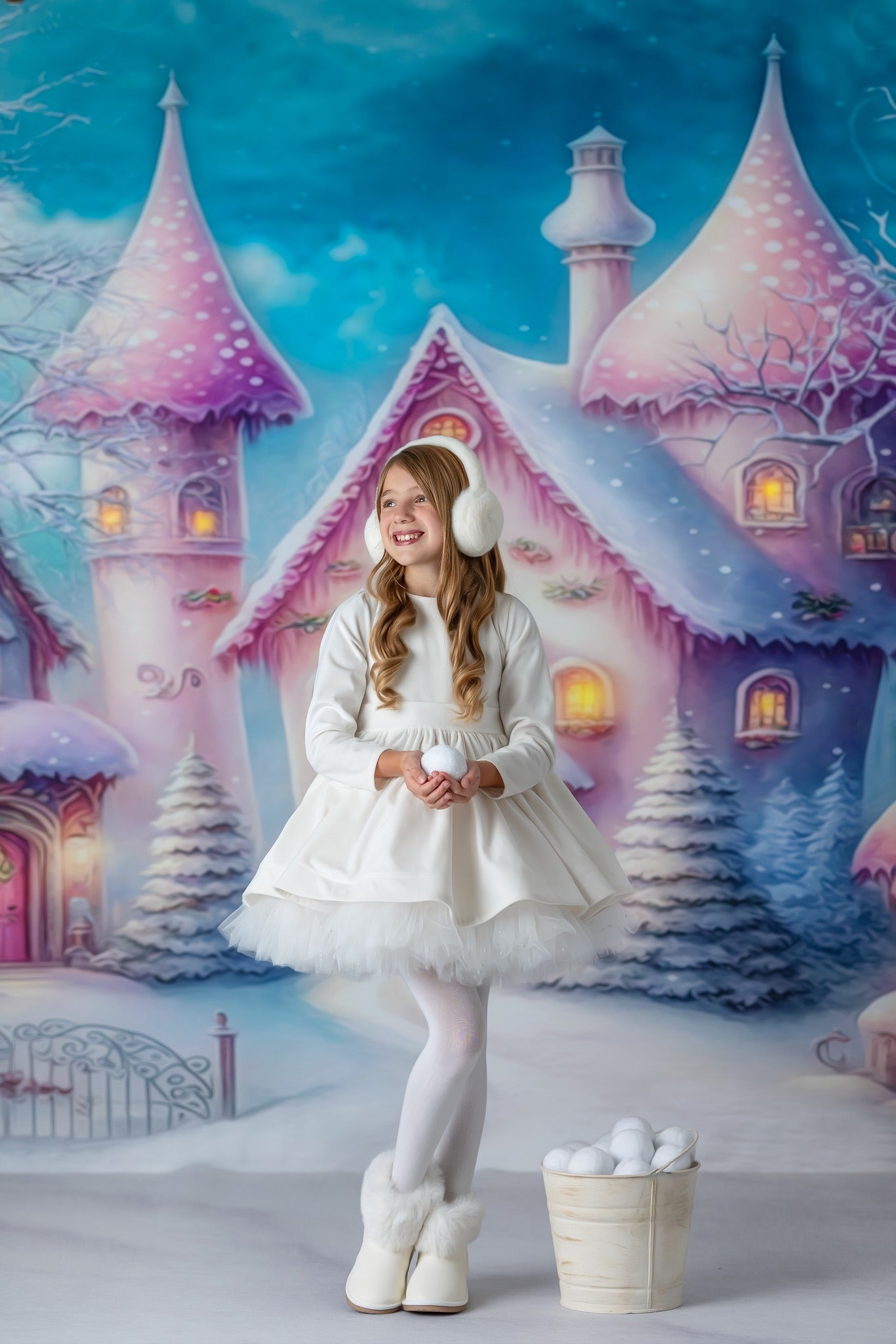 Colorful Snowy Village - Pastel Pink Home - with Sweep Option