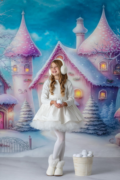 Colorful Snowy Village - Pastel Pink Home - with Sweep Option