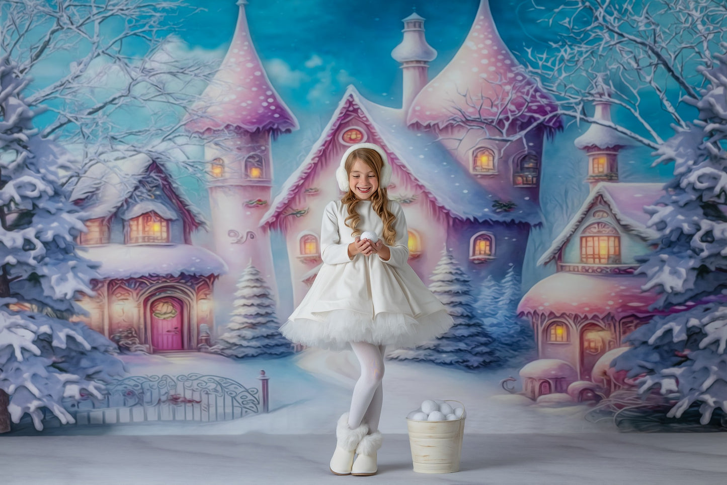 Colorful Snowy Village - Pastel Pink Home - with Sweep Option