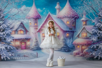 Colorful Snowy Village - Pastel Pink Home - with Sweep Option