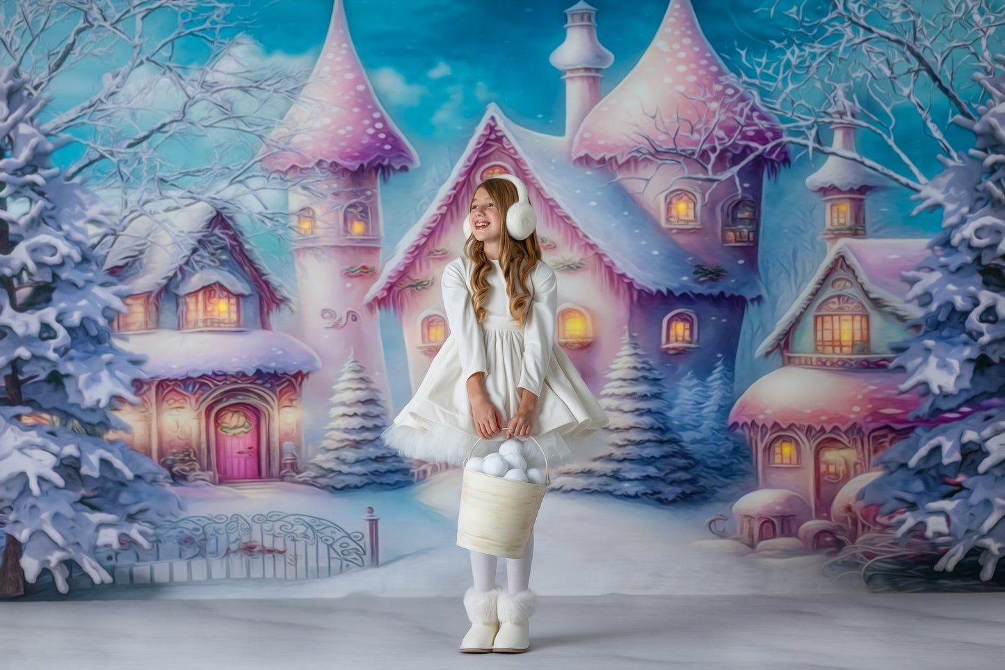 Colorful Snowy Village - Pastel Pink Home - with Sweep Option