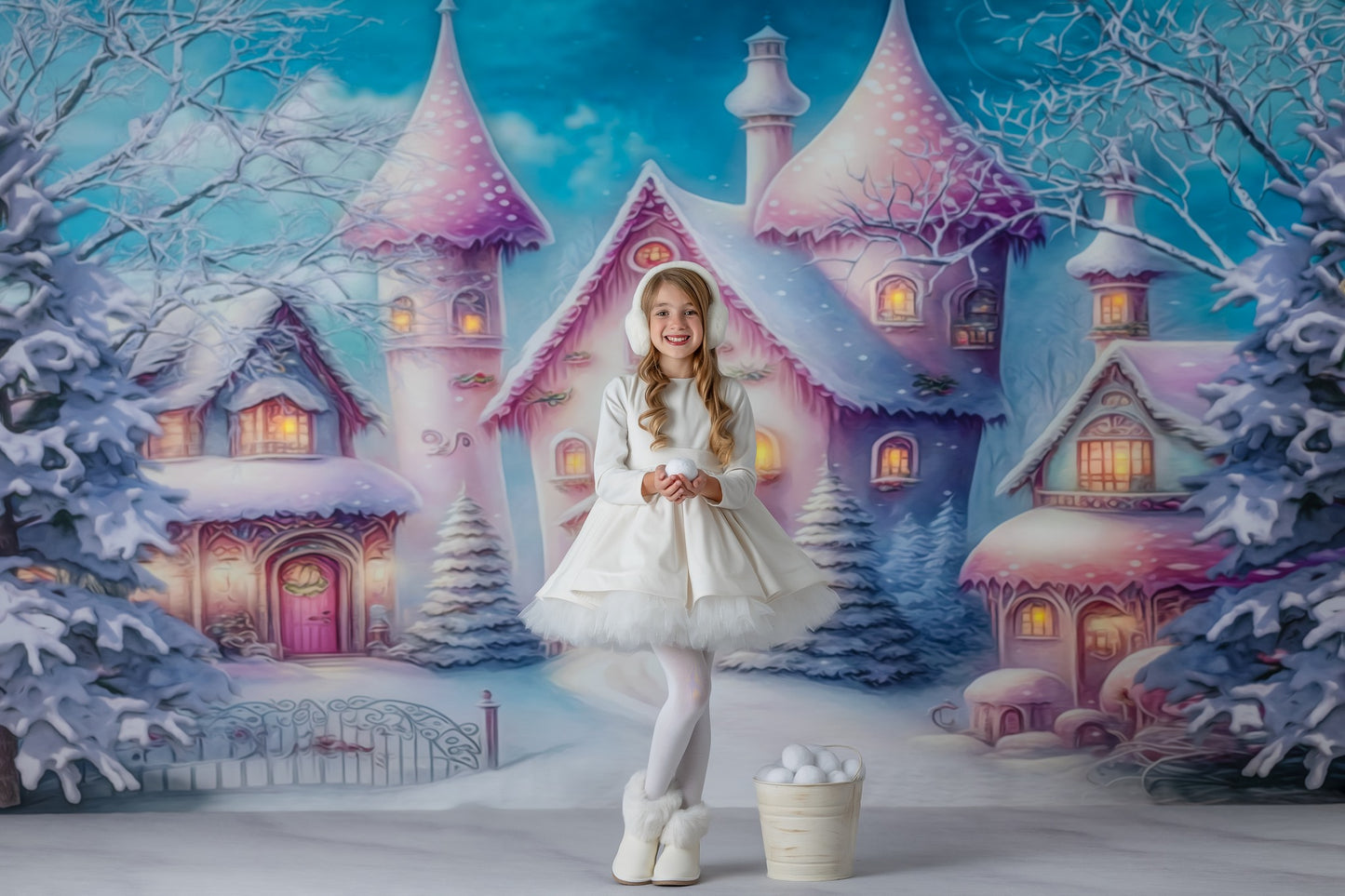 Colorful Snowy Village - Pastel Pink Home - with Sweep Option