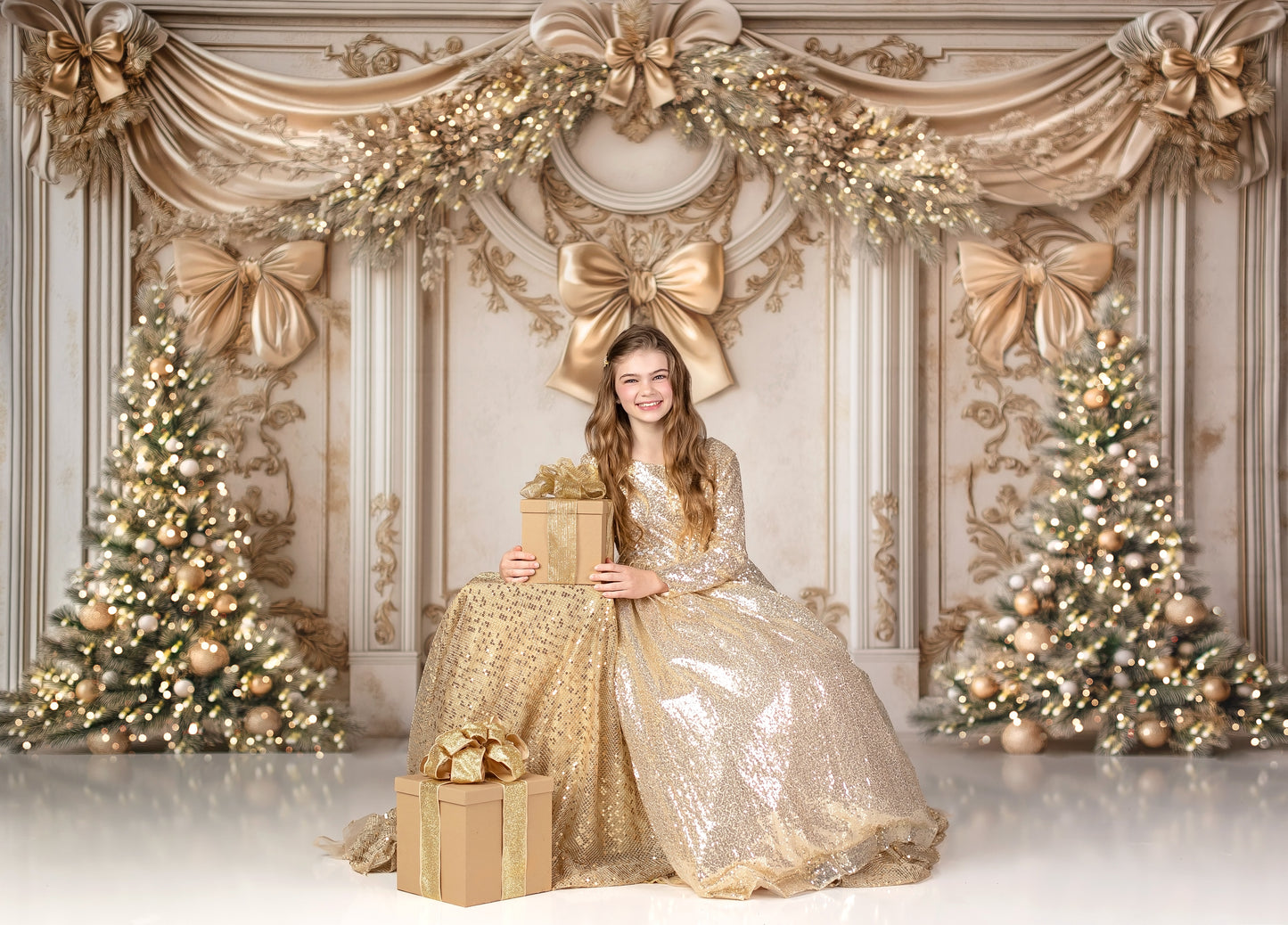 RTS Fancy Gold Bow Wall - 10x8' Value Luxe Fabric - Banding - 60% Off