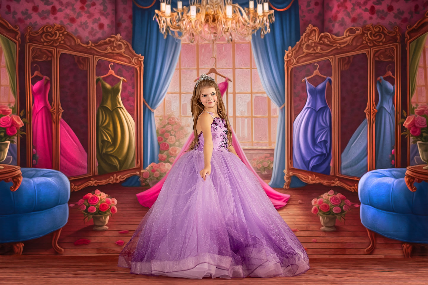 Dress Like A Princess - Pink Dress/Blue Curtains - With Sweep Option