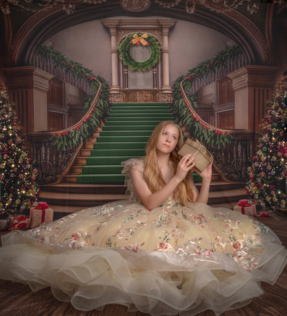 Grand Holiday Staircase - Green Stairs & Wood Floor - with Sweep Option