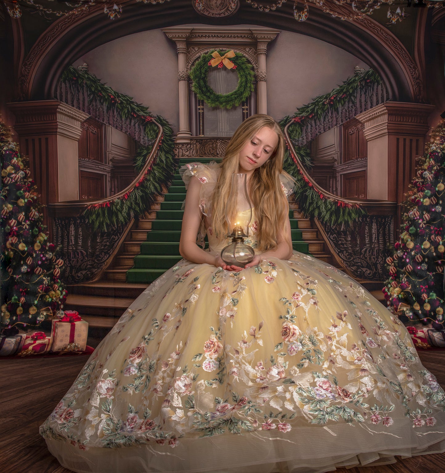 Grand Holiday Staircase - Green Stairs & Wood Floor - with Sweep Option