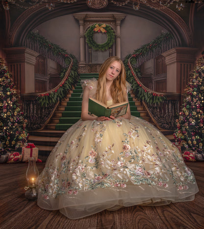 Grand Holiday Staircase - Green Stairs & Wood Floor - with Sweep Option