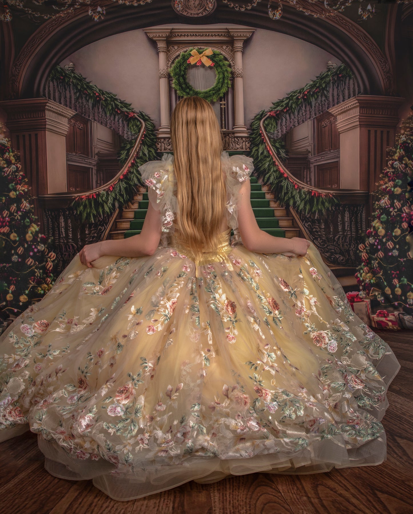 Grand Holiday Staircase - Green Stairs & Wood Floor - with Sweep Option