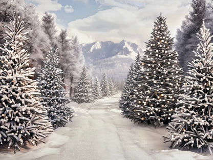 RTS Snowy Mountain Tree Farm Path - 10x7' Wrinkle-Free Fabric - Banding - 60% Off