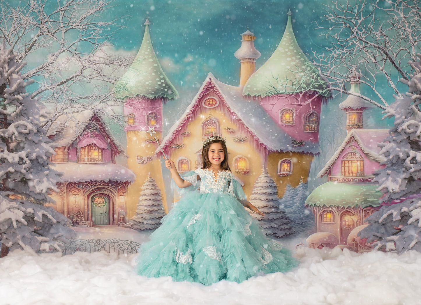 Colorful Snowy Village - Green Roof - with Sweep Option