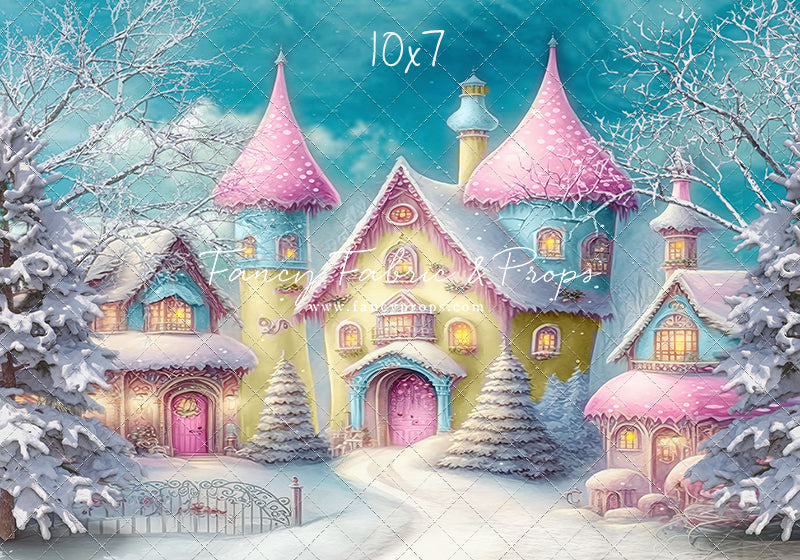 Colorful Snowy Village - Yellow with Pink Roof - with Sweep Option