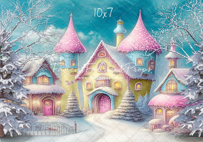 Colorful Snowy Village - Yellow with Pink Roof - with Sweep Option