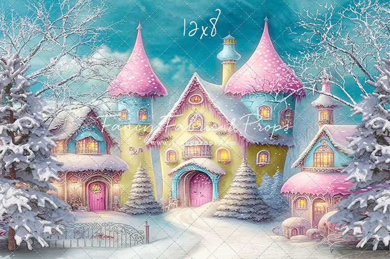 Colorful Snowy Village - Yellow with Pink Roof - with Sweep Option
