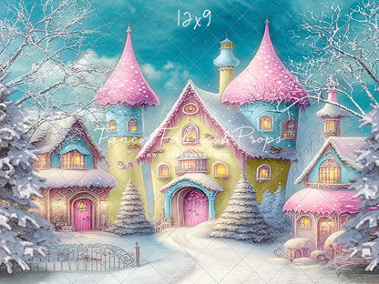 Colorful Snowy Village - Yellow with Pink Roof - with Sweep Option