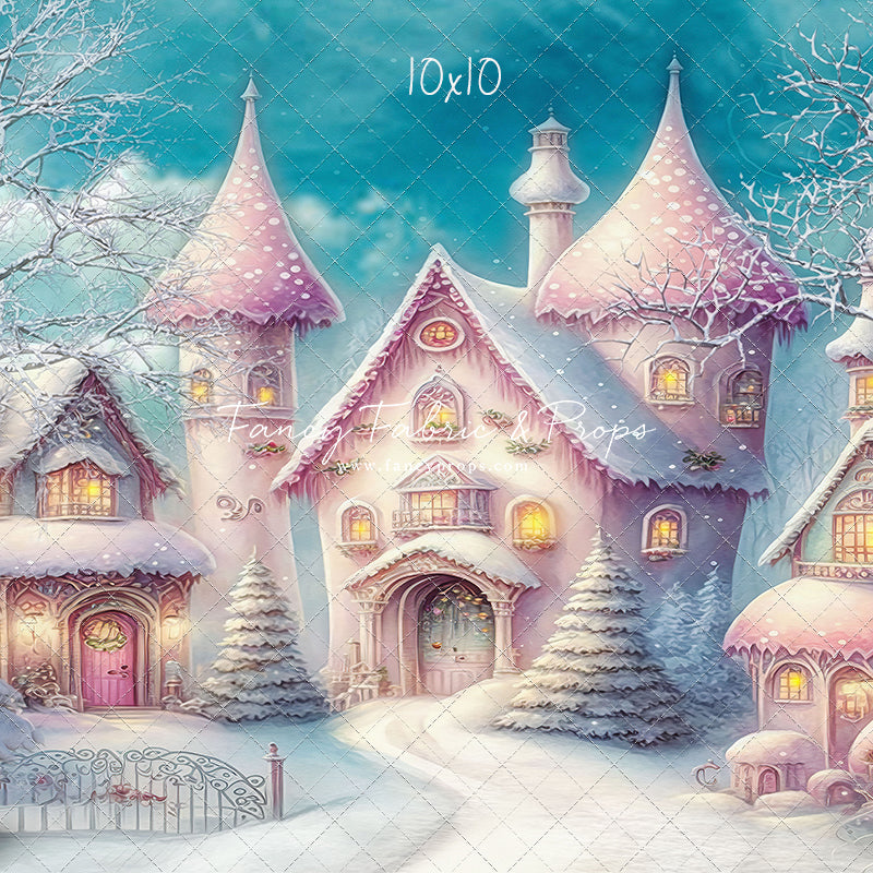 Colorful Snowy Village - Pastel Pink Home - with Sweep Option