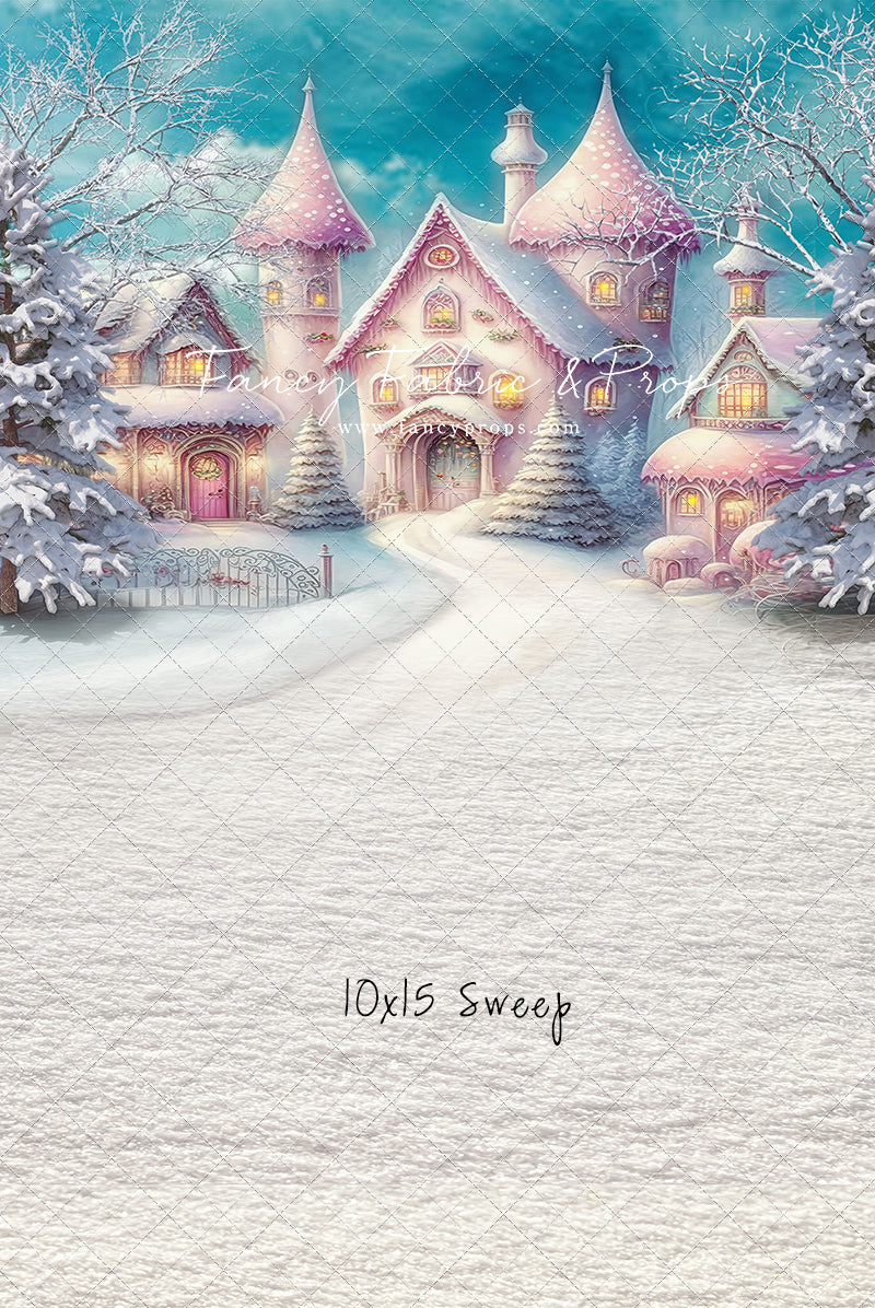 Colorful Snowy Village - Pastel Pink Home - with Sweep Option