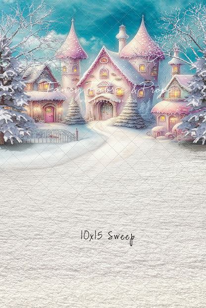 Colorful Snowy Village - Pastel Pink Home - with Sweep Option