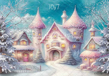 Colorful Snowy Village - Pastel Pink Home - with Sweep Option