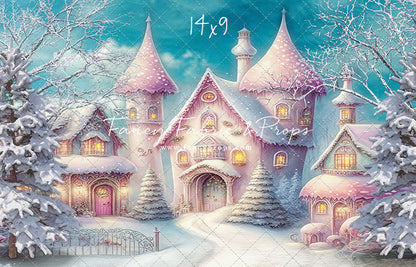 Colorful Snowy Village - Pastel Pink Home - with Sweep Option