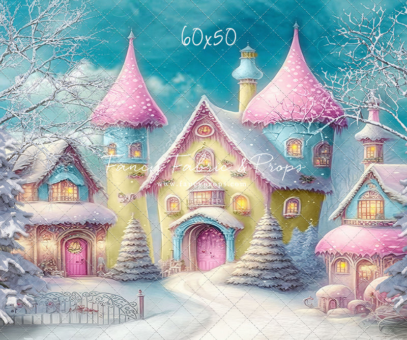 Colorful Snowy Village - Yellow with Pink Roof - with Sweep Option