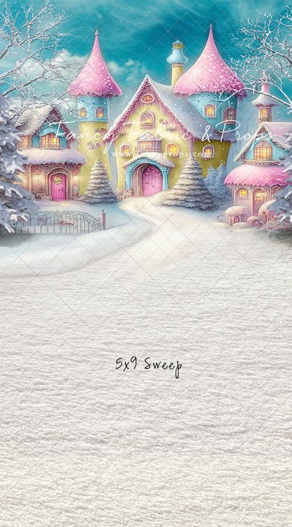 Colorful Snowy Village - Yellow with Pink Roof - with Sweep Option