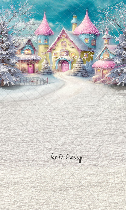 Colorful Snowy Village - Yellow with Pink Roof - with Sweep Option