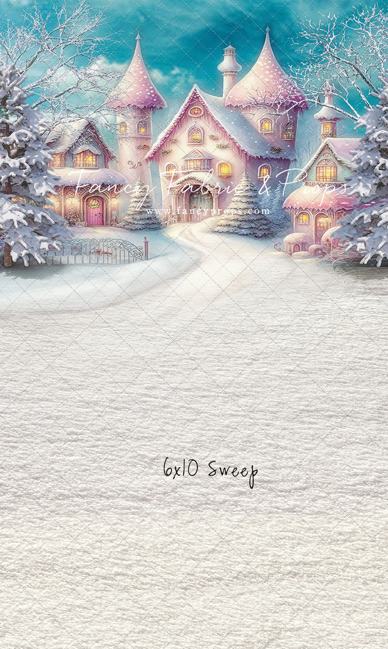 Colorful Snowy Village - Pastel Pink Home - with Sweep Option