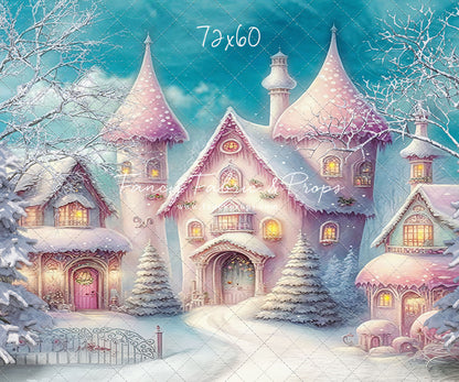 Colorful Snowy Village - Pastel Pink Home - with Sweep Option