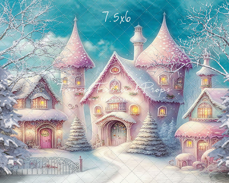 Colorful Snowy Village - Pastel Pink Home - with Sweep Option