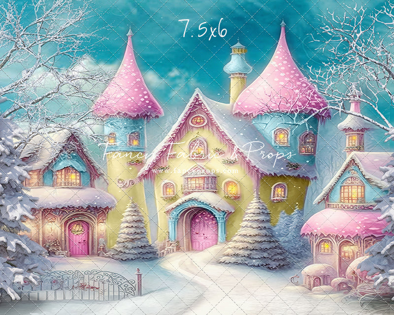 Colorful Snowy Village - Yellow with Pink Roof - with Sweep Option