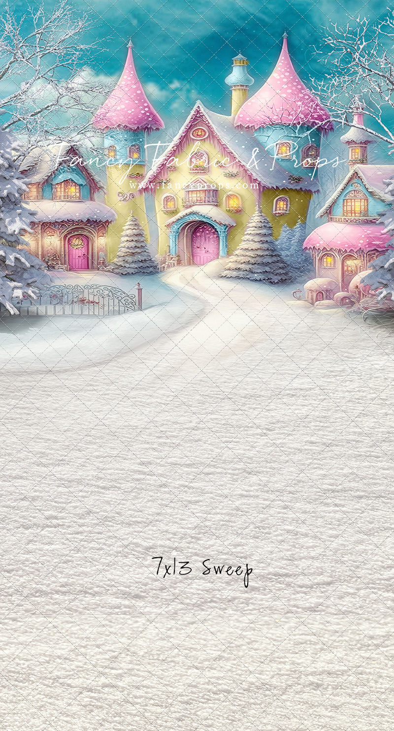 Colorful Snowy Village - Yellow with Pink Roof - with Sweep Option