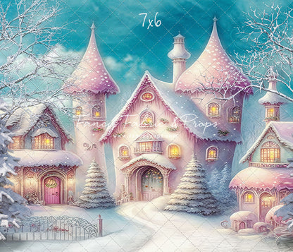 Colorful Snowy Village - Pastel Pink Home - with Sweep Option