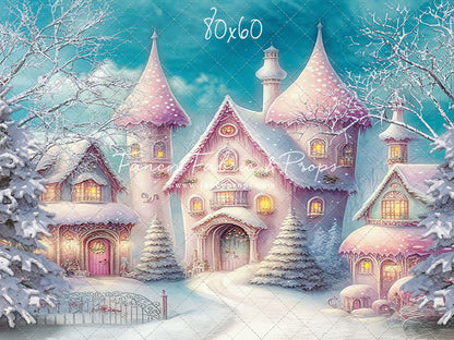 Colorful Snowy Village - Pastel Pink Home - with Sweep Option
