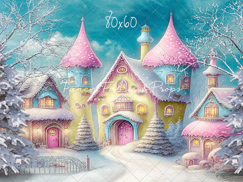 Colorful Snowy Village - Yellow with Pink Roof - with Sweep Option
