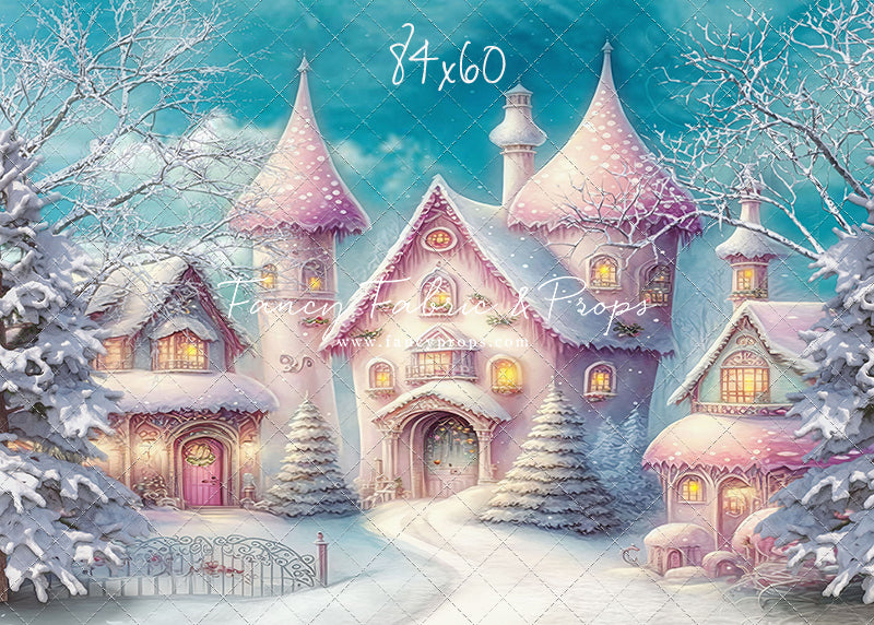 Colorful Snowy Village - Pastel Pink Home - with Sweep Option