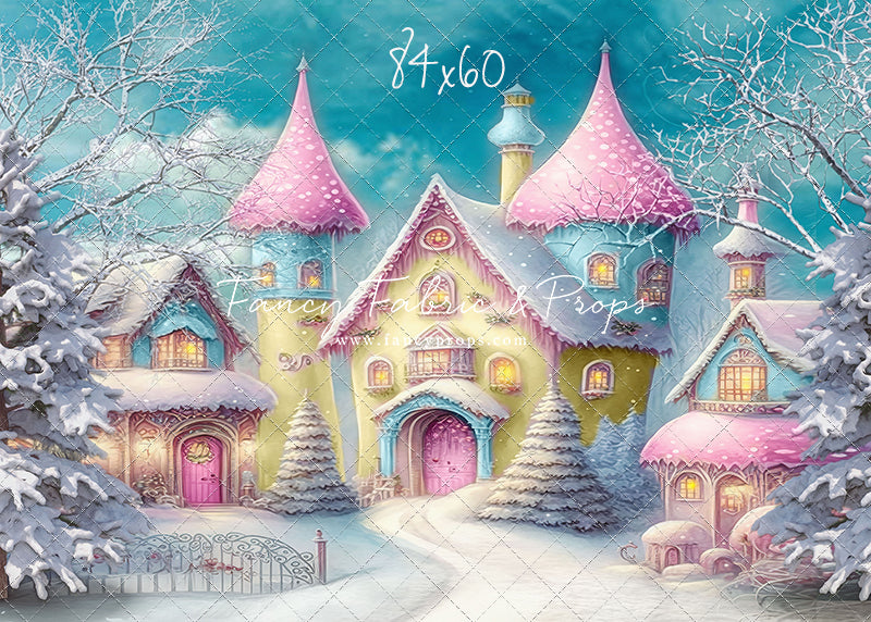 Colorful Snowy Village - Yellow with Pink Roof - with Sweep Option