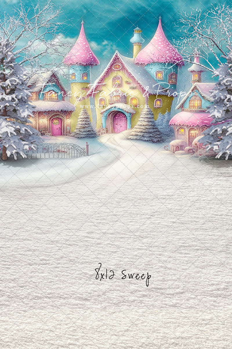 Colorful Snowy Village - Yellow with Pink Roof - with Sweep Option