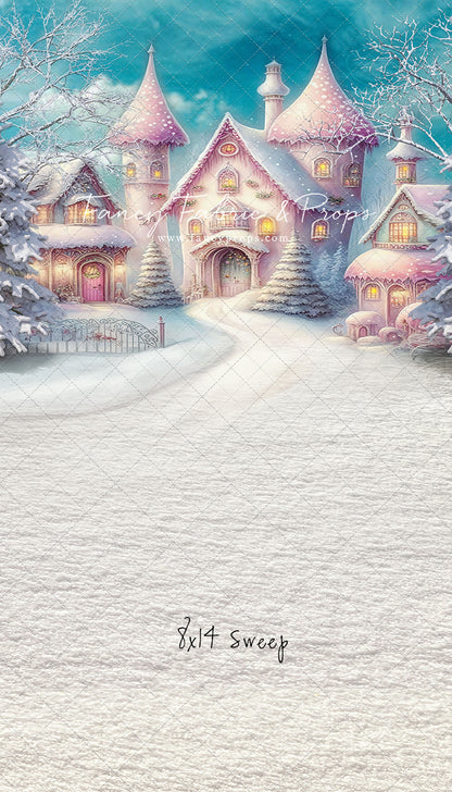 Colorful Snowy Village - Pastel Pink Home - with Sweep Option