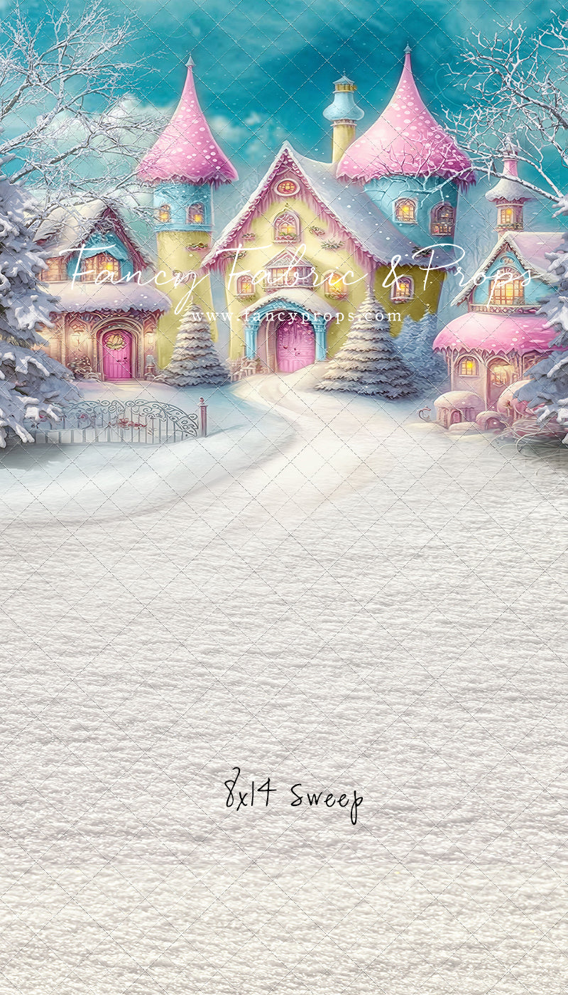 Colorful Snowy Village - Yellow with Pink Roof - with Sweep Option