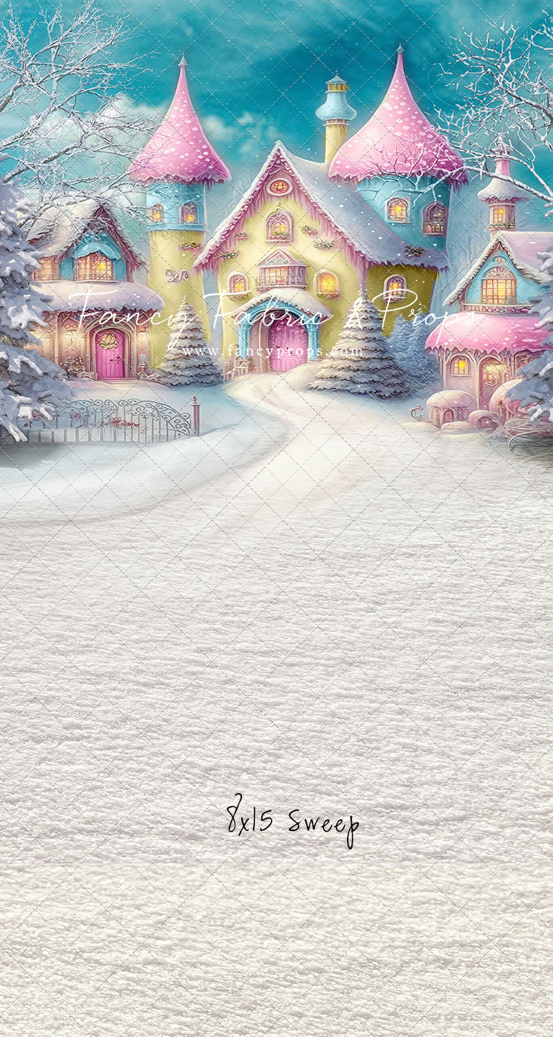 Colorful Snowy Village - Yellow with Pink Roof - with Sweep Option