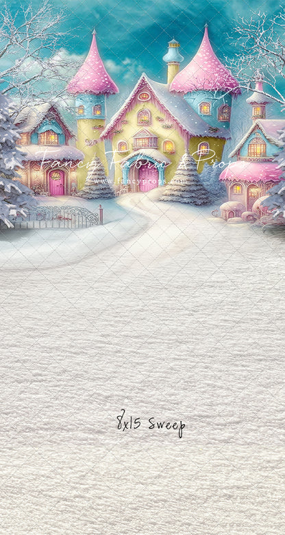 Colorful Snowy Village - Yellow with Pink Roof - with Sweep Option