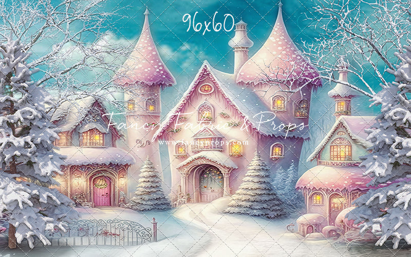 Colorful Snowy Village - Pastel Pink Home - with Sweep Option