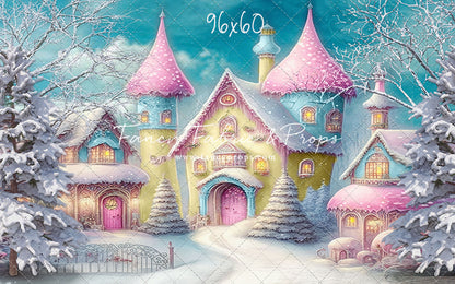 Colorful Snowy Village - Yellow with Pink Roof - with Sweep Option