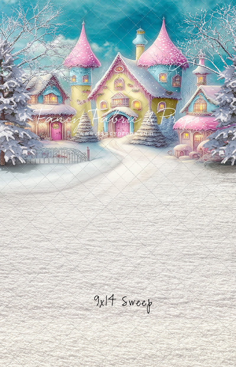 Colorful Snowy Village - Yellow with Pink Roof - with Sweep Option